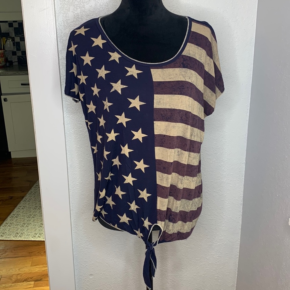 Skinny Minnie American Flag Tie Front Top Patriotic USA Americana Comfy Tee Lrg